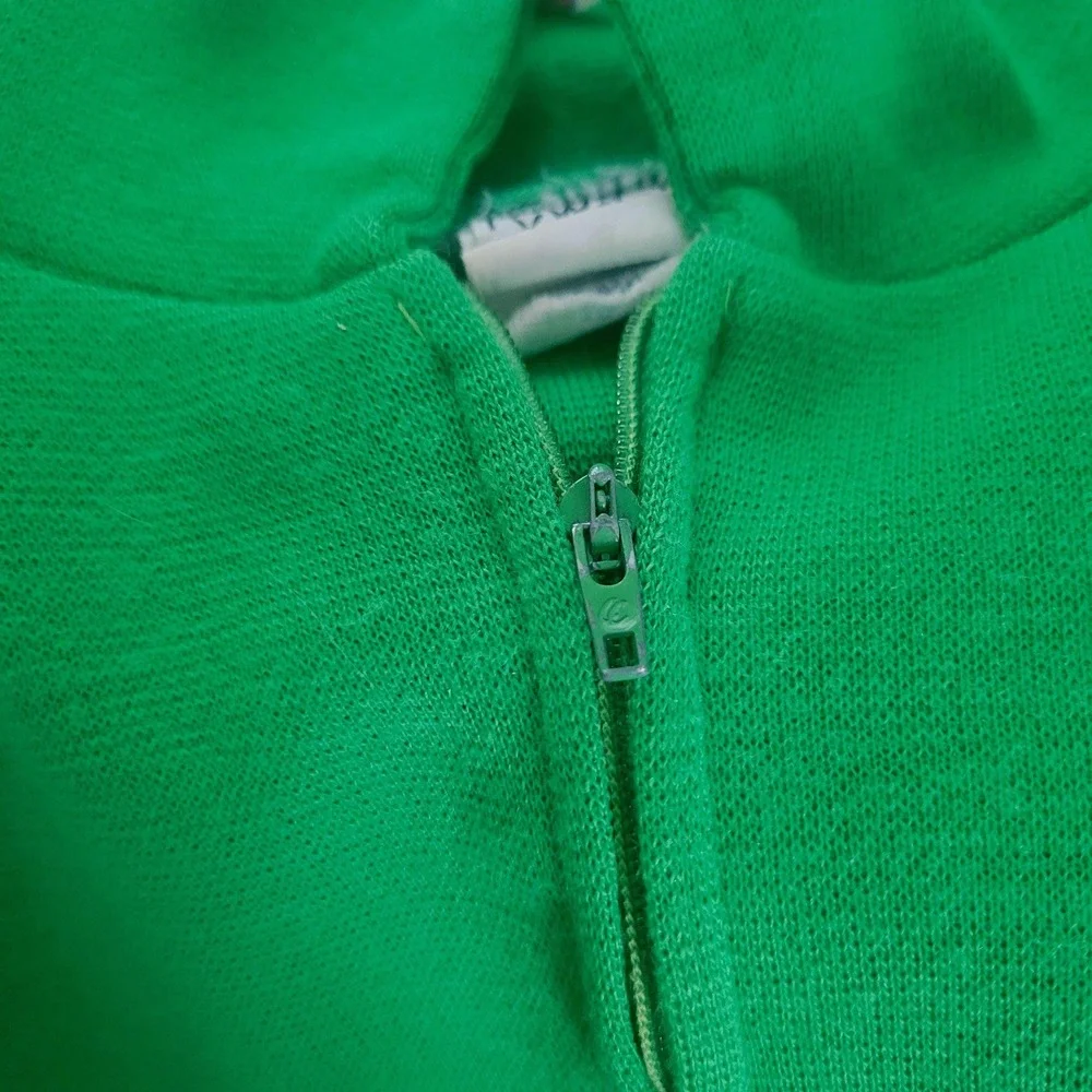 Vintage Girls Large Green Mod Knit Zip Front Drop Waist Dress 1960s Play Dress